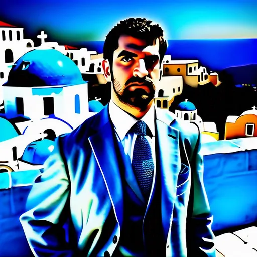 Prompt: A Greek person is a Greek-inspired business suit with a toga overcoat. The area is surrounded by buildings with blue domes, realistic, photograph, island location, detailed, hyper realistic