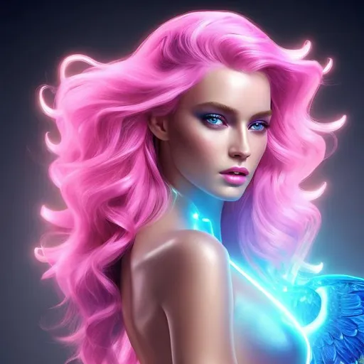 Prompt: HD 4k 3D 8k professional modeling photo hyper realistic beautiful woman ethereal greek goddess of eagerness
hot pink hair blue eyes gorgeous face black skin shining armor jewelry wing crown full body surrounded by magical glow hd landscape background running with greyhounds