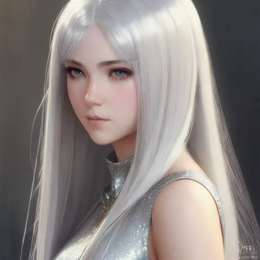 Prompt: Girl with white skin, lose white straight hair, clear silver eyes, wearing a silver glittering dress, zoomed out, extremely detailed. Krenz Cushart + loish +gaston bussiere +craig mullins, j. c. leyendecker +Artgerm. 