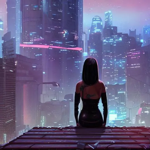 Prompt: In a cyberpunk fantasy world, a girl sits on top of a roof and gazes into the stunning scenery.