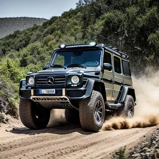 Prompt: mercedes g-wagen 6x6 in black, offroading on hard course, cinematic lighting, in a war zone, sourounded with mesh, mist in background