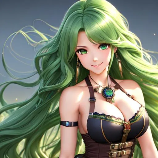 Prompt: extremely realistic, hyperdetailed, extremely long green wavy hair anime girl, blushing, smiling happily, wears steampunk clothing, toned body, showing abs midriff, highly detailed face, highly detailed eyes, full body, whole body visible, full character visible, soft lighting, high definition, ultra realistic, 2D drawing, 8K, digital art
