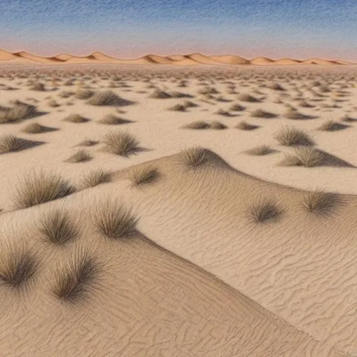 Prompt: Deserted dunes dunes in the desert that are tall and deserted colored pencil