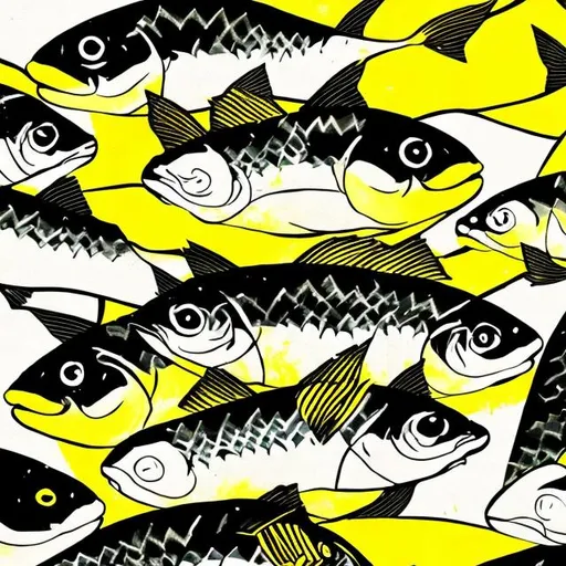 Prompt: fish yellow and black painted in Japanese style