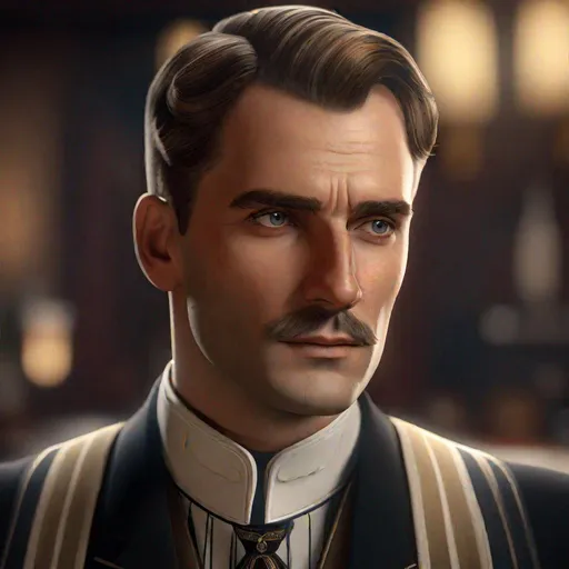 Prompt: An ultra realistic portrait of a 30ish tough looking-clean shaven German butler in the 1920s, long shot super detailed lifelike illustration, action-adventure outfit, 

soft focus, clean art, professional, old style photo, CGI winning award, UHD, HDR, 8K, RPG, UHD render, HDR render, 3D render cinema 4D