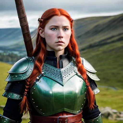 Prompt: the full body of a norse viking girl, 15 years old, with fringed red hair  and light green eyes, oval symmetric face, pointy chin, full cheeks | standing dramatically on the mountain | curvy body, wearing leather armour,  | holding a wooden viking shield and spear | symmetrical face, accurate anatomy, sharp focus, ultra-fine details, cinematic lighting, 4k | oil painting illustration, digital painting, scenic, wlop, artgerm, vastly ornate detailed background, vibrant colors, nordic fjord