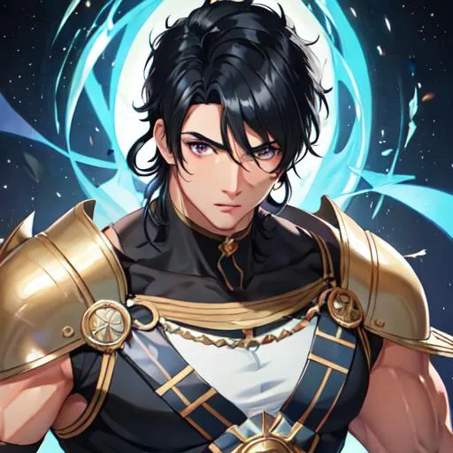 Prompt: Male (black hair in the front blue hair in the back) (brown eyes) buff, muscular. UHD, 8K, 