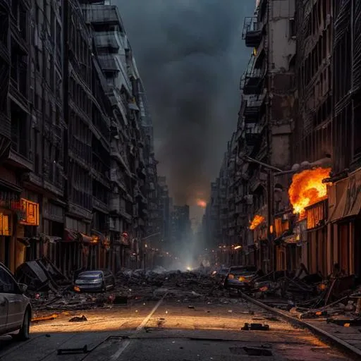 Prompt: City in war-torn destruction and overgrowth dramatic lighting cinematic shots of skulls in smoke and fire in the streets illusions of human skull
 



