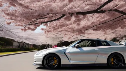 Prompt: Nissan Skyline GT-R R35 parking beside a cherry blossom tree