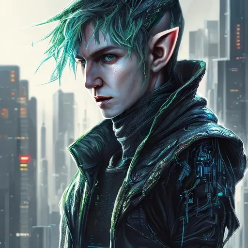 Prompt: highly detailed elf, sci fi, male, cyberpunk, hacker, photorealistic, commlink
