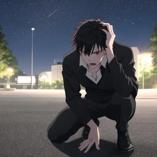 Prompt: Damien (male, short black hair, red eyes) in the park at night, casual outfit, dark out, nighttime, midnight, on his knees, screaming, hands on his head
