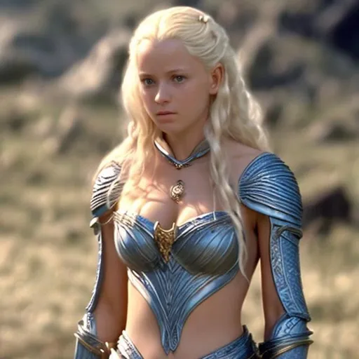 Prompt: beauty full women blonde in lord of the ring film, wide hips, bikini