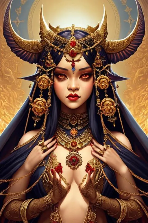 Prompt: Symmetrical + ((rihanna)) + middle close up + lace + occult + goddess of death + hindu + kali + skulls + dark magical symbolism + high detail + hyperdetailed + elegant + intricate+ frightening + a painting of a goddess of death with black magic ritual sari, concept art by Li Fangying, polycount contest winner, fantasy art, concept art, artstation hd, polycount