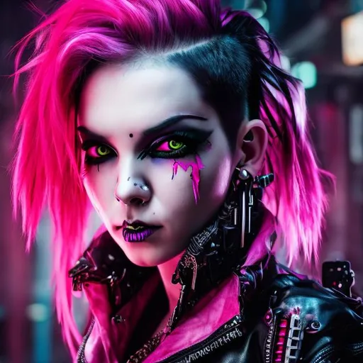 Prompt: Portrait, 26 year old, cyberpunk rocker woman, Short Pink hair, neon makeup, Pink eyes, Leather Clothes, face full of piercings