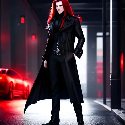 Prompt: 8k resolution ultra realistic full body  picture of handsome guy Vampire, wearing black trench coat. He have Long Red hair. He have red glowing demon eyes and an evil smile in cyberpunk world