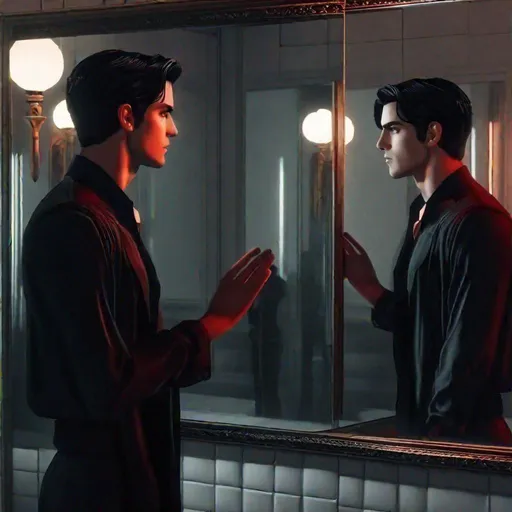 Prompt: Damien (male, short black hair, red eyes) placing his hand on the mirror staring at his reflection 