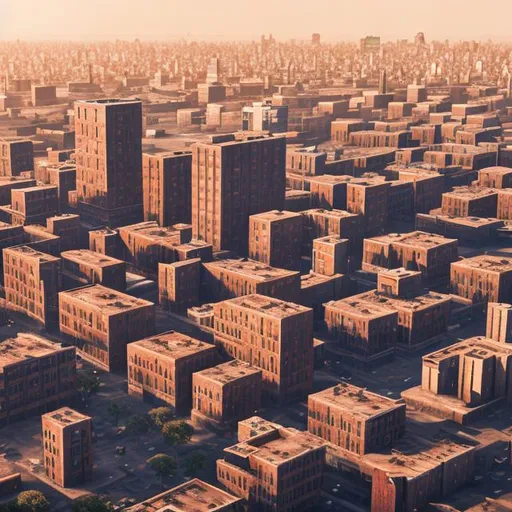 Prompt: 1970s tall 20 story brick buildings city background birds eye veiw Light blue sky nice weather city background realistic high quality 4k in the middle of a desert