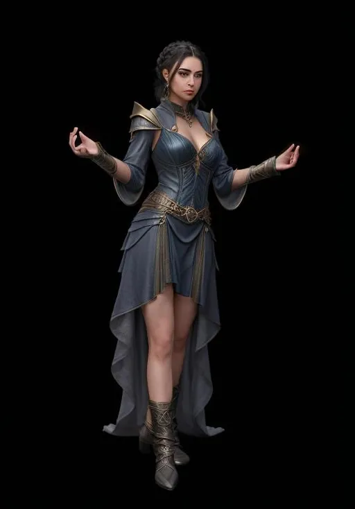 Prompt: D&D female sorceress, ultra detailed clothing and gear, beautiful, perfect complexion, fine hair pulled up, dress long in back short in front