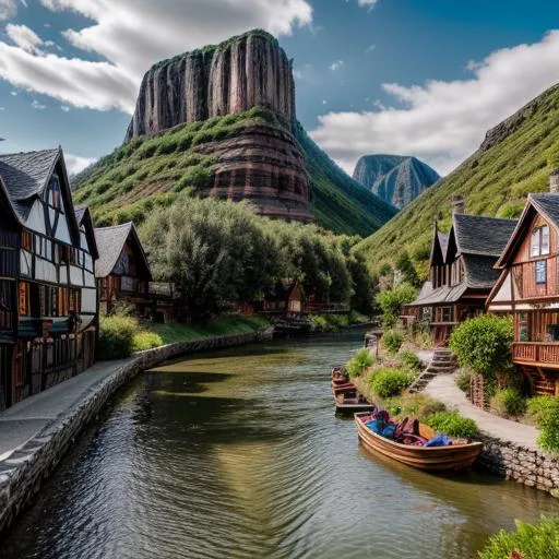 Prompt: Fantasy town along the riverside, panoramic picture, landscape, photo realistic, intricate details
