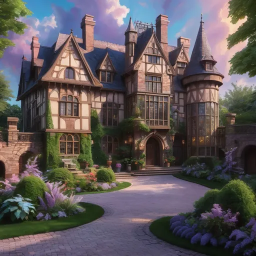 Prompt: grand mansion with gated entrance sitting atop a hill with a pond and gardens, vines of ivy and wisteria on the walls, cobblestone driveway, (Tudor style architecture), towers and turrets, large stained glass windows, lots of brick, grand entrance, elaborate chimneys, pastel coloring, dramatic skies, intricate details, lush garden in the foreground, (opulent textures), warm color tones, (highly detailed), atmospheric lighting, capturing a sense of history and grandeur, (4K)