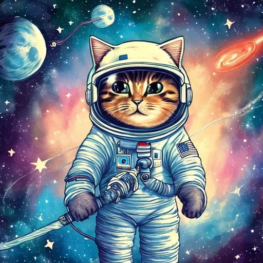 Prompt: Create an image of an adorable cat proudly wearing an astronaut suit, holding a wand, amidst a backdrop filled with stars and galaxies in outer space, showcasing its extraordinary adventure and courage in the vast universe