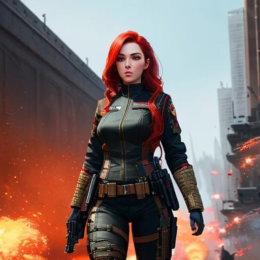 Prompt: Photorealistic woman, Rough, 
revolution leader, futuristic soldier, red hair, pistol, full body pose, epic Instagram, artstation, hyperdetailed intricately detailed , unreal engine, intricate detail, splash screen, complementary colors, concept art, 8k, deviantart masterpiece, oil painting, heavy strokes, splash arts, dim lighting