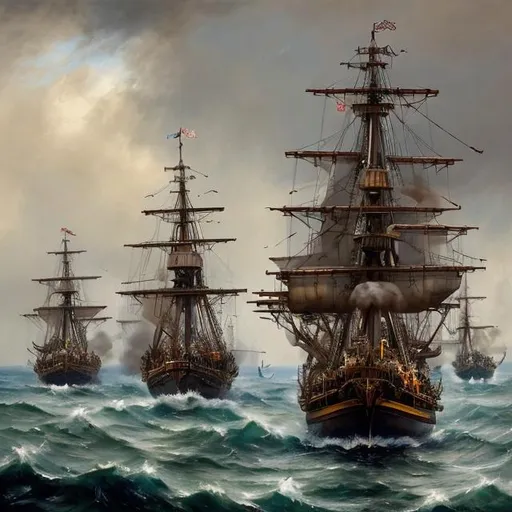 Prompt: Create an evocative painting capturing the dramatic 'Line of Battle' naval tactic from the 1500s: Show Spanish galleon warships lined up side by side on calm waters, cannons ready to fire, billowing sails, and captains strategizing their maneuvers. Convey the tension and anticipation of a historic naval clash through your brushstrokes.