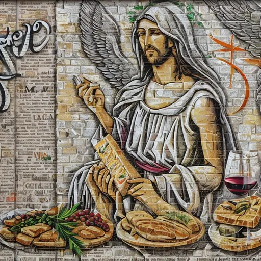 Prompt: Wall graffiti of Jesus and feeding the hungry with bread, fish, and wine and promoting world peace with doves and olive branches in the style of Derek Gores.