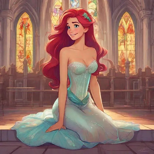 Prompt: Vivid, detailed, Disney art style, full body, Ariel Disney Princess, Hair part on left side, full body, cute, sitting, church