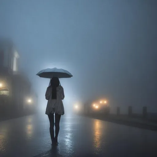 Prompt: A HUMANATIC GIRL IN THE RAIN AND FOG
