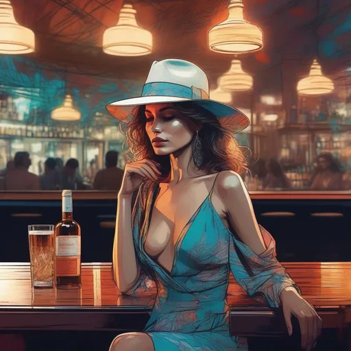 Prompt: a sensuel looking woman sitting in a bar| wearing a fedora and a elegant dress| centered| key visual| intricate| highly detailed| breathtaking beauty| precise lineart| vibrant| comprehensive cinematic| Carne Griffiths| Conrad Roset, gta vice city