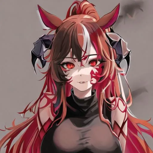 Prompt: Haley as a horse girl (multi-color hair) (left eye red and right eye brown) (demon horns and horse ears) (red markings all over her body)