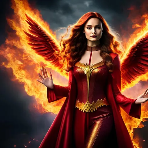 Prompt: High-resolution hyperrealistic photo of the dark phoenix merged with the scarlet witch, full-body, fiery phoenix aura, chaos magic, {{holding a grimoire}}, scarlet and ruby and gold costume, uhd, hdr, 64k