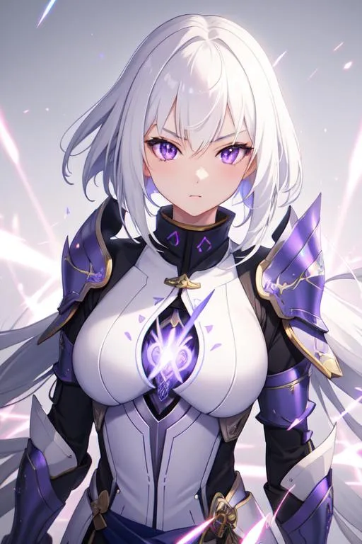Prompt: 1girl, japanese armor, white hair, purple eyes, sword, ((holding sword)), blue flames, glowing weapon, light particles, wallpaper, chromatic aberration