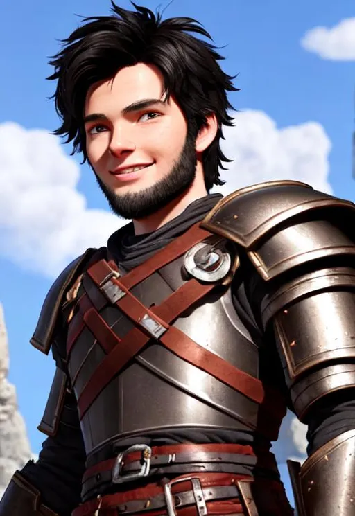 Prompt: Full character, Digital art, 22-year-old viking man, black hair. yellow armor. blue gear. medium-length black hair, subtle smile, black stubble beard, hazel eyes, adventurer, blue sky background, unreal engine 8k octane, 3d lighting