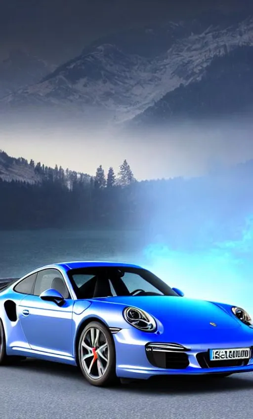 Prompt: photo porsche 911 in blue standing in dock, centred mist volumetric, cinimatic ligthing, octane render, 4k, in front of lake tahoe