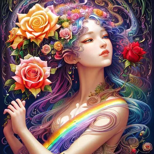 Prompt: Goddess of rainbows, warm light, friendly face, vitality, joy of life, roses with rainbow colour gradient petals, scenic environment by Noriyoshi Ohrai, Larry Carlson, Michael Cheval, Josephine Wall, hyper-detailed, beautiful, fantasy, beautiful colours, masterpiece