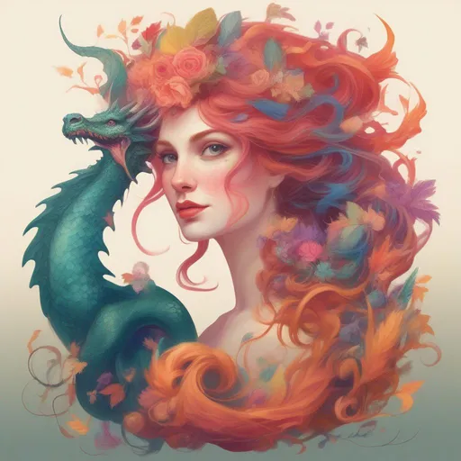 Prompt: A colourful and beautiful Persephone, with her hair being made out of magic, with a dragon in a painted style