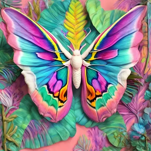 Prompt: Pastel atlas moth diorama in the style of Lisa frank