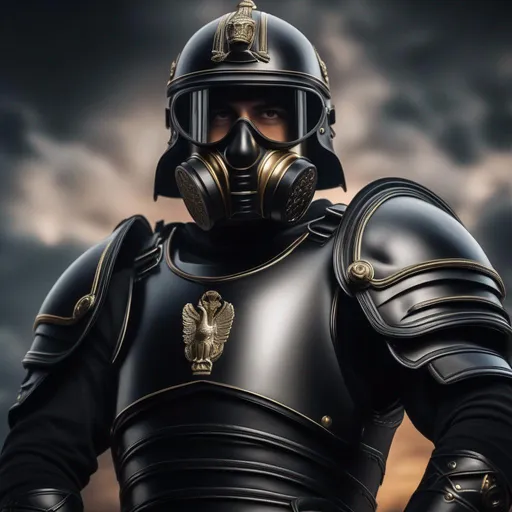 Prompt: A modern roman military male in black military armor galea helmet of roman armor, and gas mask, background World War 3, Hyperrealistic, sharp focus, Professional, UHD, HDR, 8K, Render, electronic, dramatic, vivid, pressure, nervous vibe, loud, tension, dark, Epic