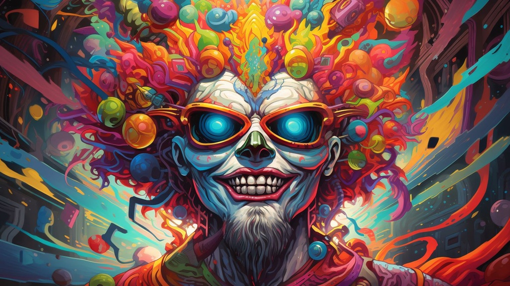 Prompt: a cartoon of a clown in colorful mask, in the style of surreal cyberpunk iconography, chris dyer, cody ellingham, dmitry spiros, neon color palette, layered portraits, monochromatic depth