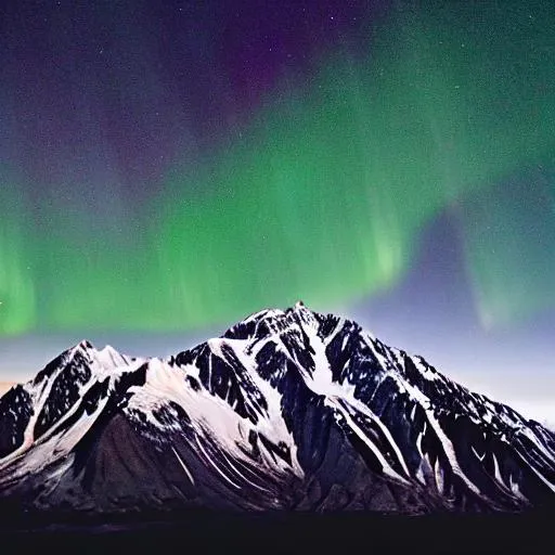 Prompt: Beautiful mountain tops of alaska with the northern lights and black birds flying