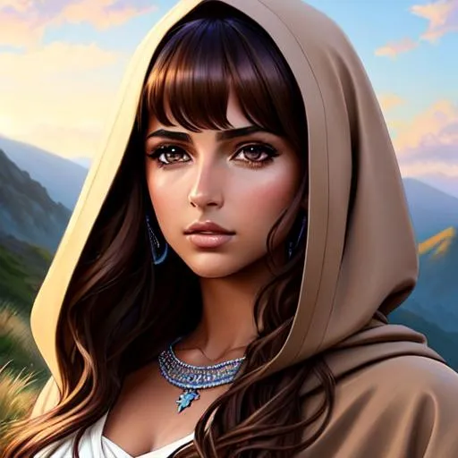 Prompt: Naomi Scott laying on hillside, brown hooded tunic, parted bangs, brown hair, brown eyes, ethereal, jewelry set balayage wild hair, royal vibe, highly detailed, digital painting, Trending on artstation , HD quality, tan skin, Big Eyes,artgerm, by Jim Lee 