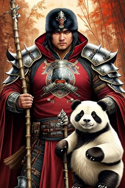 Prompt: Poster art, high-quality high-detail highly-detailed breathtaking hero ((by Aleksi Briclot and Stanley Artgerm Lau)) - ((a Panda Bear)), Male, panda details, holds a staff, king of the forest, cloth armour,  The king of all bamboo, post apocalyptic world setting, has highly detailed red and black robe armour, detailed carbon fibre black and white amour, wearing carbon black and white robe armor, highly detailed cape, full form, epic, 8k HD, fire and ice, sharp focus, ultra realistic clarity. Hyper realistic, Detailed face, portrait, realistic, close to perfection, more bald in the armour, 
wearing blue and black cape, wearing carbon black cloak with red, full body, high quality cell shaded illustration, ((full body)), dynamic pose, perfect anatomy, centered, freedom, soul, Black short hair, approach to perfection, cell shading, 8k , cinematic dramatic atmosphere, watercolor painting, global illumination, detailed and intricate environment, artstation, concept art, fluid and sharp focus, volumetric lighting, cinematic lighting, 
