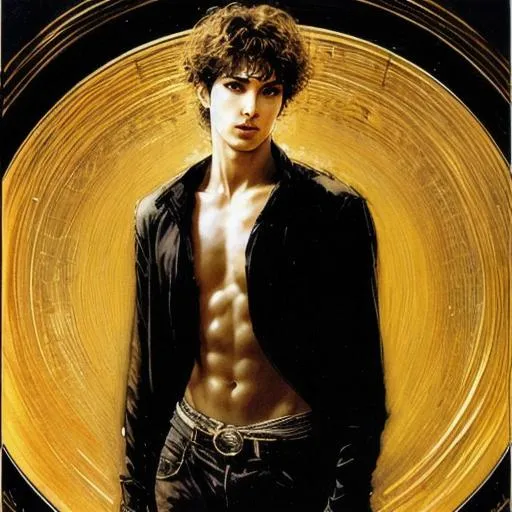 Prompt: young man, standing in a dark corner, realistic, modern, circle of golden light on his head, art by louis royo