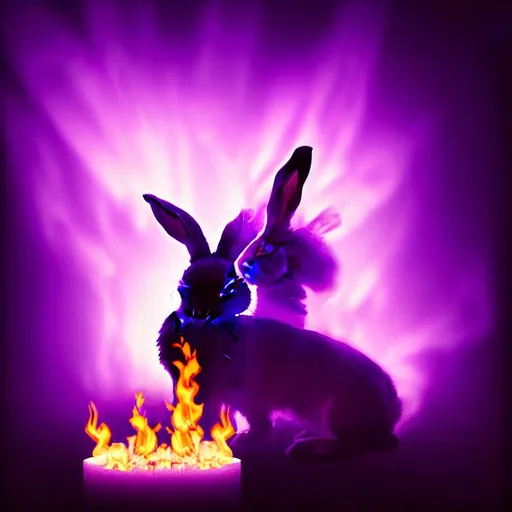 Prompt: long shot professional photograph, bunny burns a church, purple flames, dark lighting, heavenly lighting, mysterious body of water, low poly, highly detailed