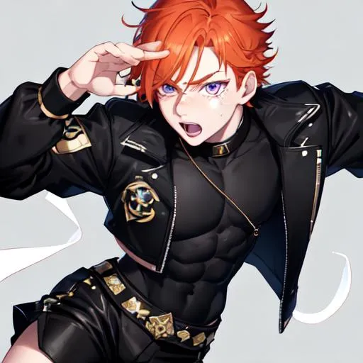 Prompt: Erikku male (short ginger hair, freckles, right eye blue left eye purple) muscular, UHD, 8K, Highly detailed, insane detail, best quality, high quality. hands in the air, wearing a sideways baseball cap, black jacket, black shorts, streetwear