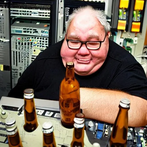 Prompt: old fat computer technician with a beer bottle