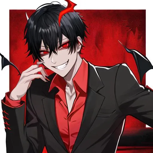 Prompt: Damien as a demon (male, short black hair, red eyes) grinning seductively