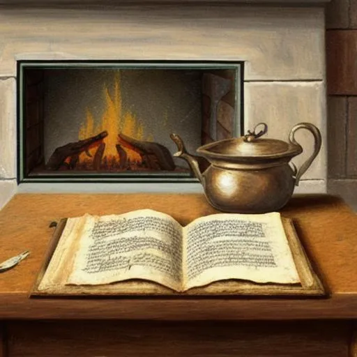 Prompt: An oil painting of an ancient manuscript sitting on a table in a small kitchen in front of a fireplace